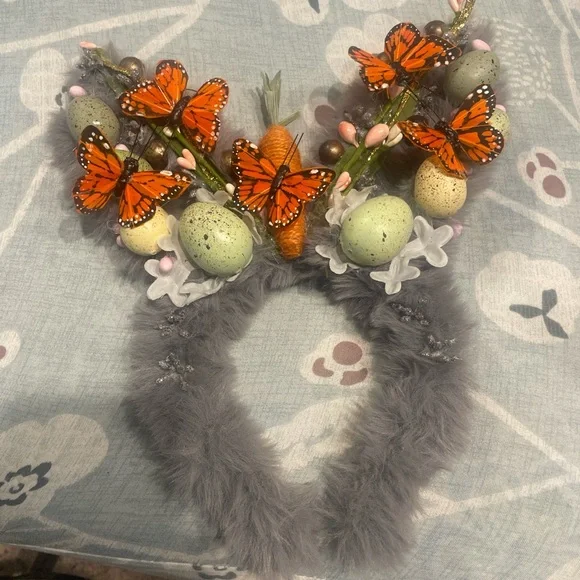 Gray Easter Ears /Bunny Ears with Orange Butterflies and Eggs - Picture 2 of 2